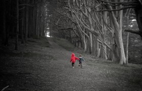 Running Children in Dark Forest near Moss Landing