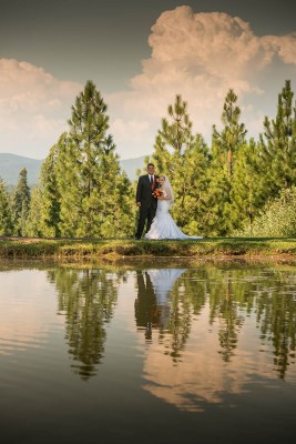 Pond Reflection and Bridal Couple
