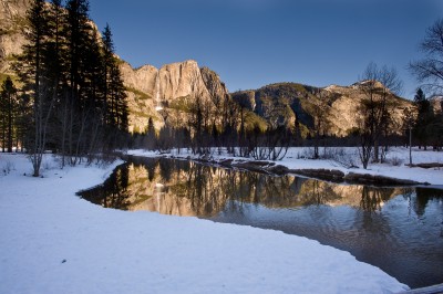 Swinging Bridge and Yosemite Falls in Winter, Yosemite