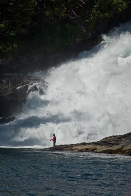 Waterfall and Fisherman, Warm Springs Bay, Alaska